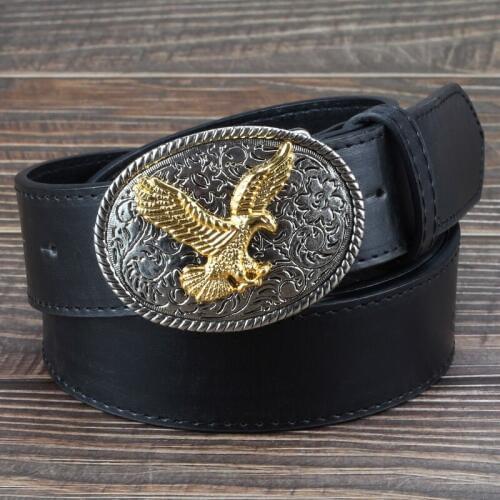 Unisex leather belt metal golden fly eagle belt wild west style punk rock belts hawk pattern cowboy waistband gift for