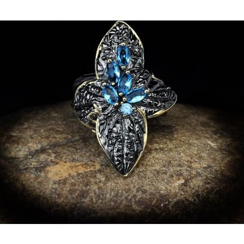 Creative Exquisite Sea Blue CZ Crystal Wedding Rings for Women 925 Sterling Silver Two Tone Gold Ladies Cocktail Ring Best Gift