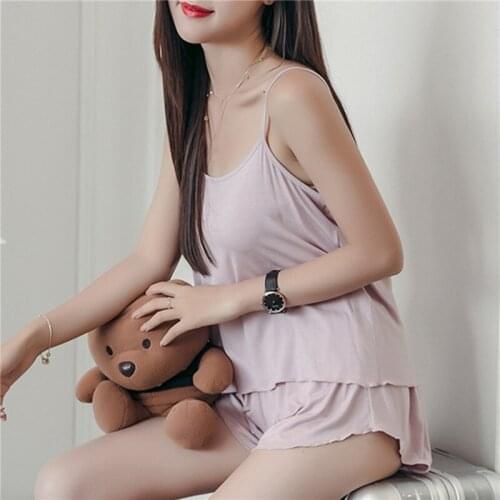 Summer Womens Sexy Pajamas Suit Suspender O-neck Top + Short Pants Sleepwear 2-piece Set Soft Comfortable Nightwear