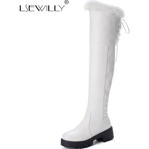 Lsewilly Size 33-43 Warm Thermal Thick Faux Fur Thigh High Boots for Women Lace up Zip Chunky Heels Platformed Boots White Shoes