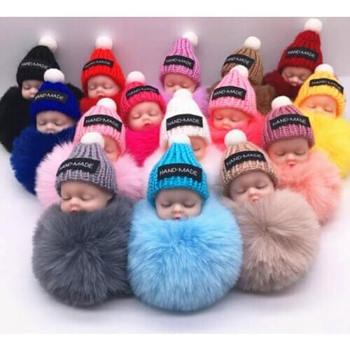 Fashion Colorful Sleeping Baby Doll Hanging Piece Hair Ball Pendant Cute Fluffy Pompom Chain Cotton Wool Holder Bag Ball Toy