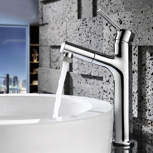 Fashionable chrome plated bathroom sink faucet Pull out cold and hot water faucet Succinct High brass basin faucet with spray