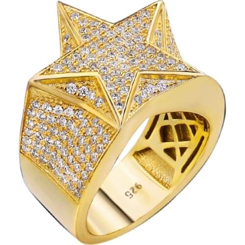 OTIY S925 Fancy 14K Gold Plated Five-Pointed Star Ring CZ Stone Ring Iced Out Cubic Zirconia Hip Hop Jewelry Mens Diamond Ring