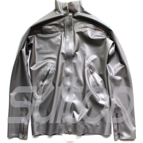 Men 's latex jacket with high neck rubber latex in metallic silver