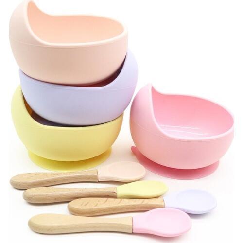 Baby Silicone Feeding Set Wooden Spoon Suction Bowl Baby Plate Kids Toddler Assist Tableware BPA Free High Quality Silicone