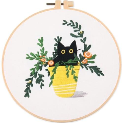 Flower Black Cat Pattern Embroidery Set Needlework Tools Printed Beginner DIY Embroidery Round Cross Stitch Kit Sewing Craft Kit