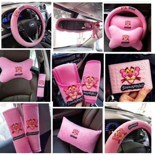 Pink Leopard Cartoon Cute Car Headrest Barrier Cover Car Safety Shoulder Strap Set Rear View Mirror Set Pink Panther