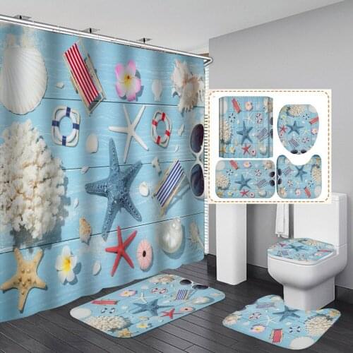 Cartoon Starfish Wall Shower Curtain Beach Scenery Printed Carpet Mat Toilet Lid Cover Set Hanging Screen Decoration with Hooks