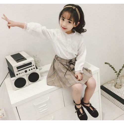New kids girl fashion clothing set spring fall girls wear white lace shirts+plaid skirt 2pcs suits