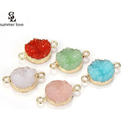 10PCS/Lot Gold Color Fake Stone Crystal Resin Druzy Connectors Charms for Bracelet Making 2 Holes Round Pendant Jewelry Findings