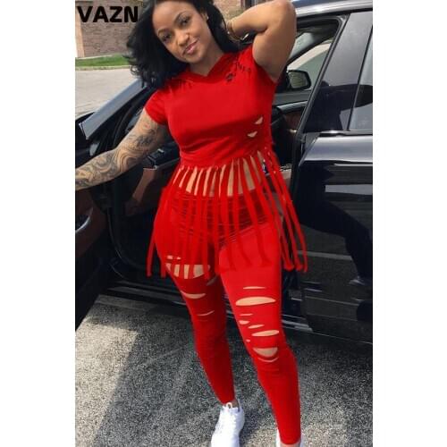 VAZN Popular sexy lady 2020 summer sexy lady 3 colors 2-piece solid set short sleeve hooded tassel fleece long pants hole sets