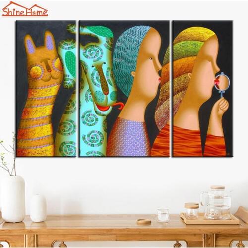 ShineHome-3pcs Prints on Canvas Painting Modular Oil Painting Retro Abstract Figure Animal Cat Art Picture on The Wall Home Deco