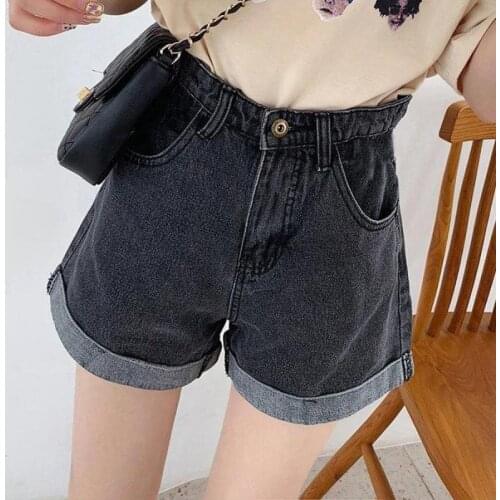 SHNSOPHI Summer Women Casual Denim Shorts Vintage Wide Leg Blue Female Streetwear Loose Solod Color Jeans Shorts