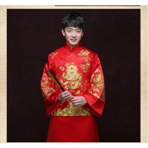 Chinese traditional men clothing Tang Embroidery Red Wedding Bridegroom Dragon Phoenix robe
