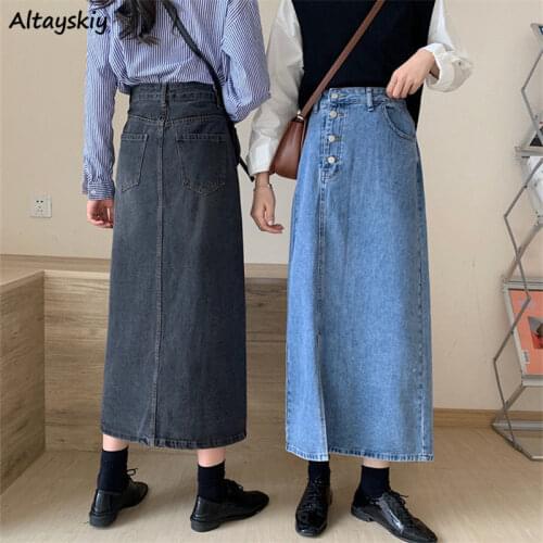 Skirts Women Denim Slim A-line Female Leisure Solid Color Buttons Side-slit Trendy Alzzang Mid-calf Plus Size High Waist Daily