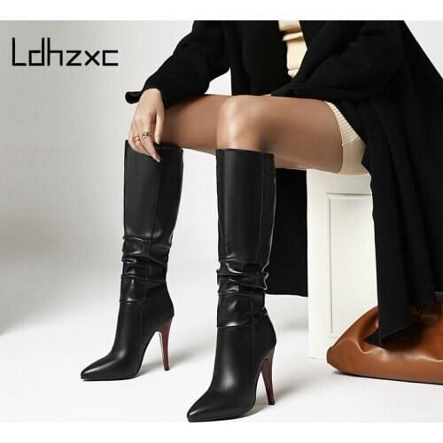 LDHZXC Fashion Women Knee High Boots Autumn Winter Warm Party Shoes Woman pointed Toe High Heeled Motorcycle Boots Long Shoes