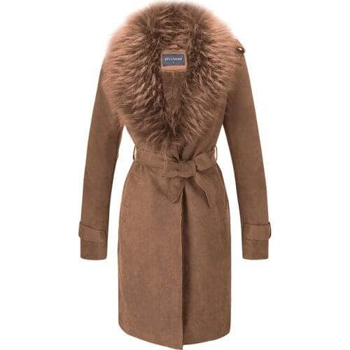 Giolshon Women Faux Suede Long Jacket Lapel Outwear Trench Coat Cardigan with Detachable Faux Fur Collar XXL