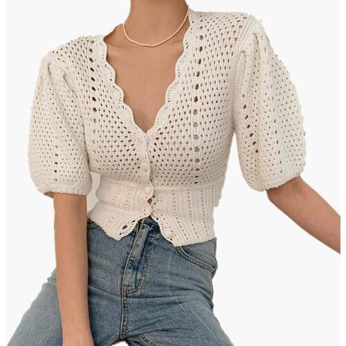 Women Sweater 2021 Summer Korea Sweet Simple Gentle Ladies V-Neck Thinning Edge Button Hollow Puff Sleeve Knit Cardigan