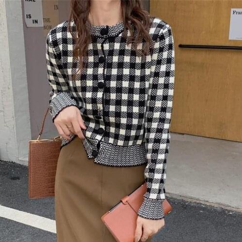 Alien Kitty Knitwear Gentle Retro Cardigans Sweaters Chic Plaid 2021 Women New Coats Slim Full Sleeve Hot Autumn Office Lady