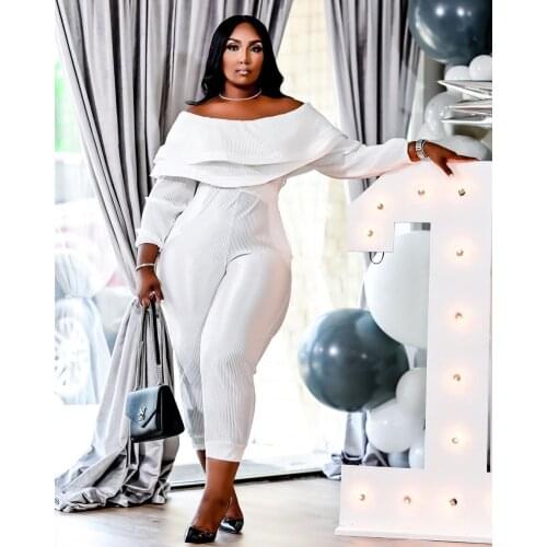 Casaul Women Jumpsuit Knit Ribbed Slash Nech Off Shoulder Has Stretch Clothes For Women Outfit