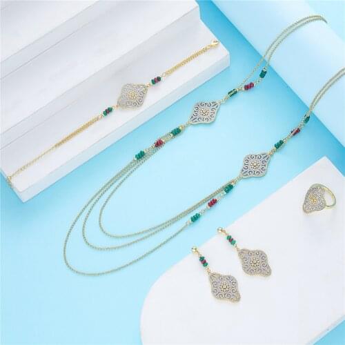 Color fashion jewelry set necklace earrings Ring for women traditional brida jewelry set Morocco gold color jewelry set