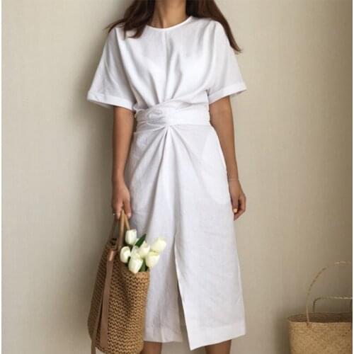 Half Sleeve Bandage Bow Tie Women Dresses Splite O Neck 2020 Summer Holiday Mid Calf Korean Cute Party Elegant Ladies Maxi Dress