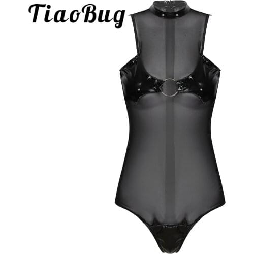 Womens Lingerie See-through Mesh Bodysuit Patent Leather Patchwork Cosplay Costume Mock Neck Sleeveless Catsuit Leotard Jumpsuit