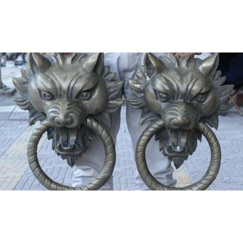 17" Chinese Bronze Guardian Foo Fu Dog Lion Head Wolf Statue Door Knocker Pair