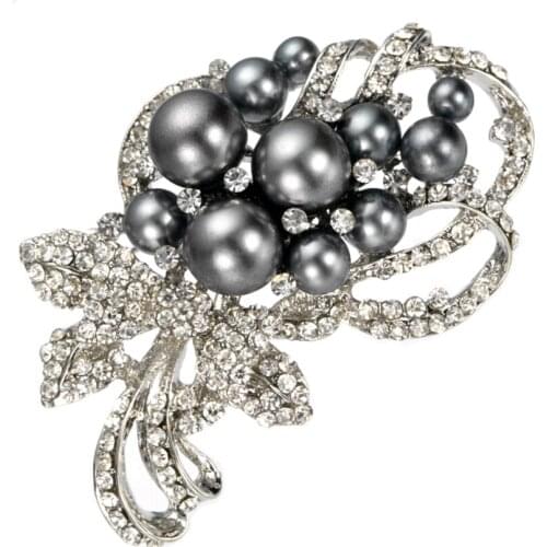 3 Inch Rhodium Silver Plated Grey Simulated Pearl Bunch Flower Rhinestone Crystal Large Bridal Brooch