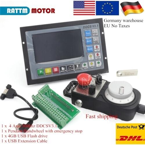 EU / US Ship CNC 4 Axis Controller DDCS V3.1 offline 500KHz PLC & Pendant Handwheel with Emergency Stop for CNC Router machine