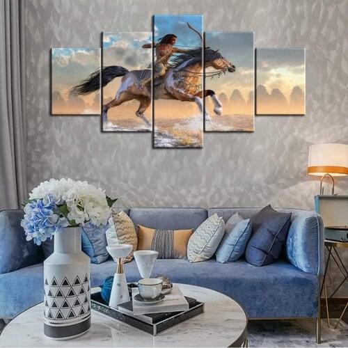 5 Panel Wall Art Canvas Prints Indians Warrior Painting Home Decor Pictures Modern Modular Wall art Hallway Room Poster