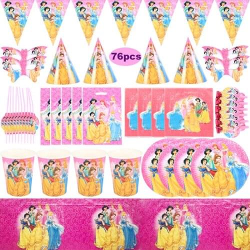 76pcs Disney Princess Theme Party Decoration Birthday Background Decor Disposable Tableware for Baby Girl Birthday Decor set