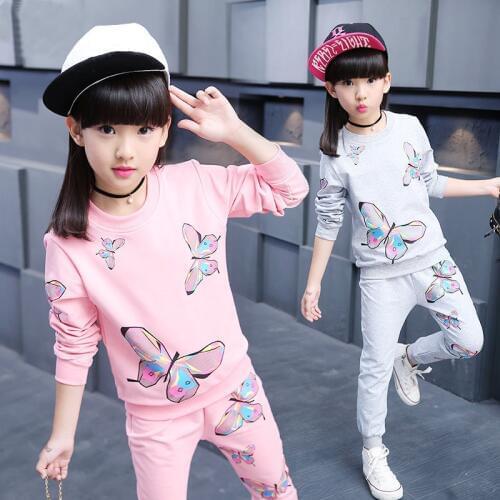 Kids Girls Spring Butterfly Print Sweater +trousers New Suit Installed Sport Sets 3-10 Ages Pink and Gray Color