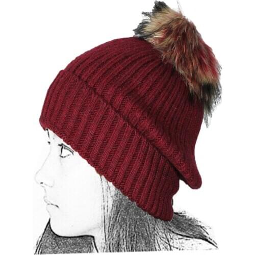 Long Knitted Hat Woman Burgundy Red Wool Pompon Fur Ball Fur Teddy Fabric