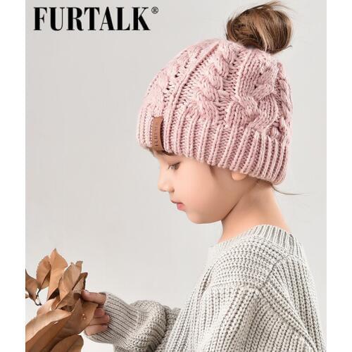 FURTALK Kid Ponytail Beanie Hat Winter Boys Girls Knit Hats Child Toddler Girl Messy Bun Cap Age 3-12 Years