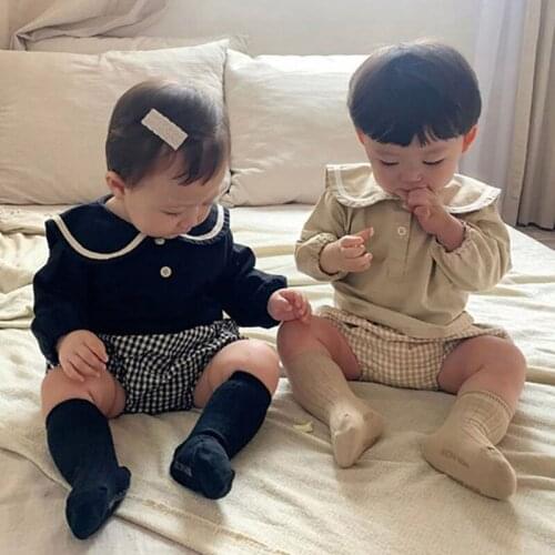 Summer Children Boy Girl Navy Wind Short Sleeve T-shirt + Grid Shorts Suit Infant Kids Baby Boy Girl Pure Color Clothes Suit