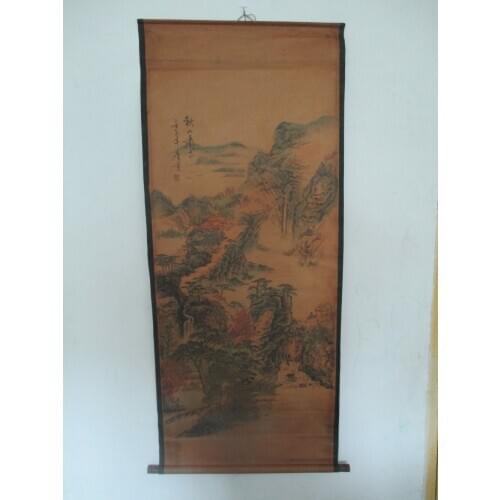 Home wall decoration painting ,Chinese old paper scroll painting , Tang Bo Hu "Autumn mountain"