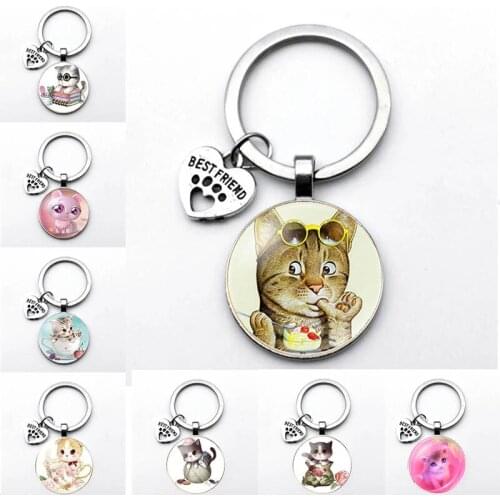 Girl Silver-Plated Very Cute Cat Glass Key Ring For Men And Women Hot Sale Exquisite Handmade Cute Child Cat Key Ring Jewelry Gi