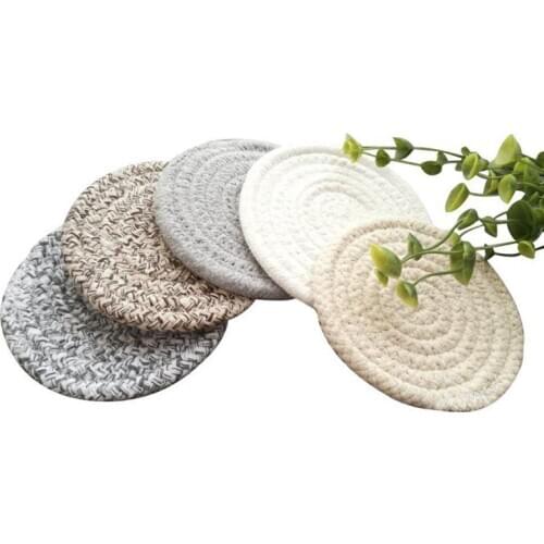 Round Cotton Braided Table Place Mats Coaster Non-Slip Table Mats Set of 5 Cups Dining Kitchen Washable Small