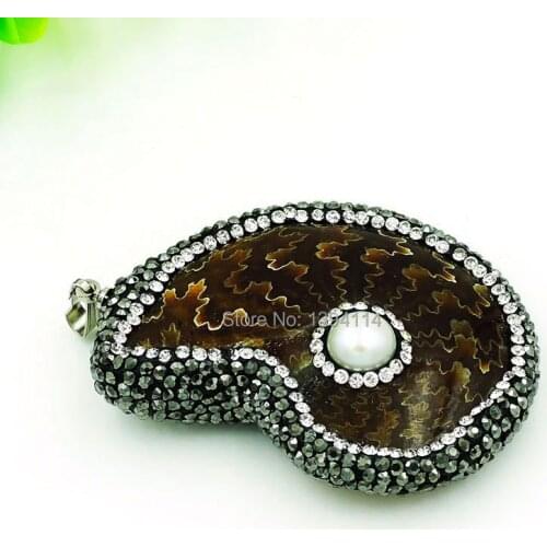 Natural Ammonite Around Pave CZ Pendants Silver Plated, Pearl And CZ Paved On The Side Approx 50 mm