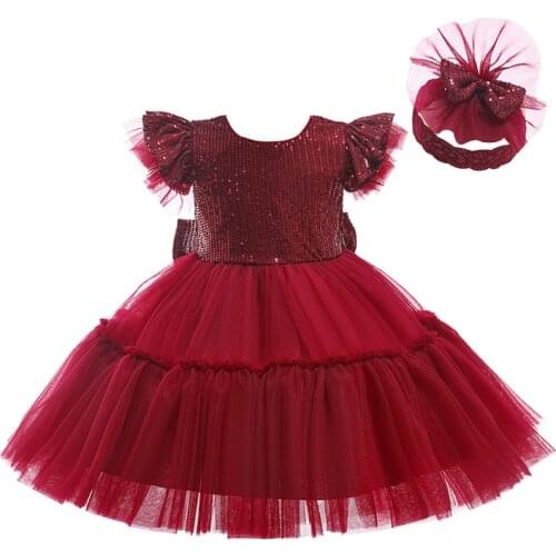 2022 New Summer Girl Baby Birthday Party Sequin Bow Girl Lace Baptism Christmas Prom Costume Girl Dress Children Clothing 1-5 Y