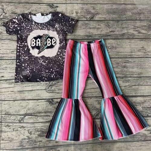 Fall Winter Girl Boutique Clothing Lightning Black Shirt Colorful Stripe Bell Bottom Pants Set