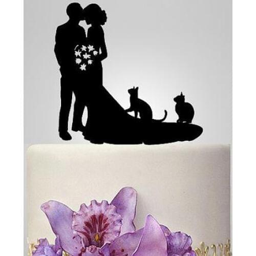 Custom glitter Wedding Cake Toppers birde and groom silhouette with two catscolor to choose