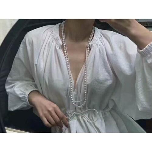 Hand knotted 8-9mm 3-4mm 2 rows white freshwater pearl micro inlay zircon bowknot accessories necklace 90-95cm