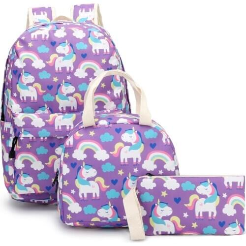 Weysfor 3pcs/set 3D Unicorn Print Backpack Laptop Daypack Bookbag with Pencil Case & Luch Bags Girls School Bag Rucksack Mochila