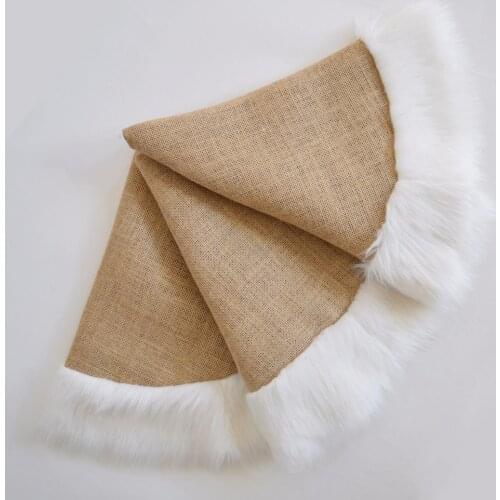 36"/42"/50"/60"Jute Burlap Christmas Tree Skirt linen fabric with white faux fur Border Decoration