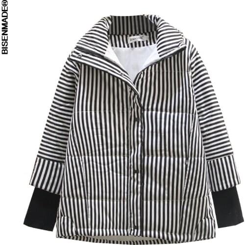 Women Winter Coat Lady Vertical Stripes Parkas Long Sleeve Female Warm Coats Oversize Casual Clothing Fashion Loose S6-8759