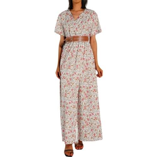 Female Dress Summer Bohemian Floral Print V-Neck Short Sleeve Long Dress for Women Red/Brown S/M/L/XL/2XL/3XL