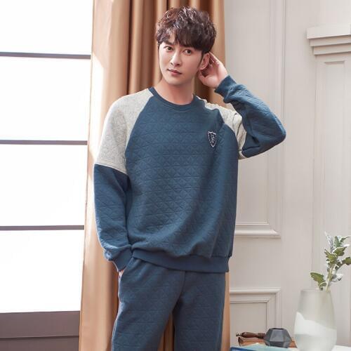 Winter Thick Warm Blue Quilted Pajama Sets for Men Long Sleeve Air cotton Interlayer Sleepwear Loungewear Homewear Home Clothes