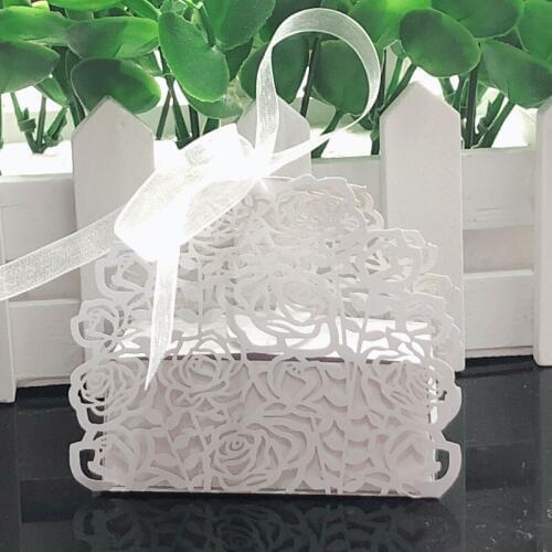 50pcs Rose Flower Laser Cut Hollow Carriage Favors Box Gifts Candy Boxes With Ribbon Baby Shower Wedding Event Party Supplies